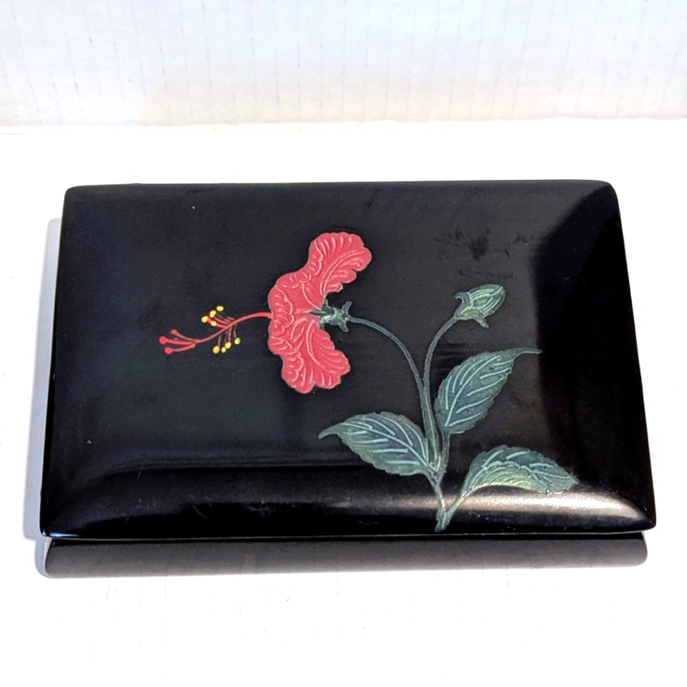 Japanese Ryukyu Lacquerware Hibiscus Pattern Lidded Trinket Box Jewelry Box